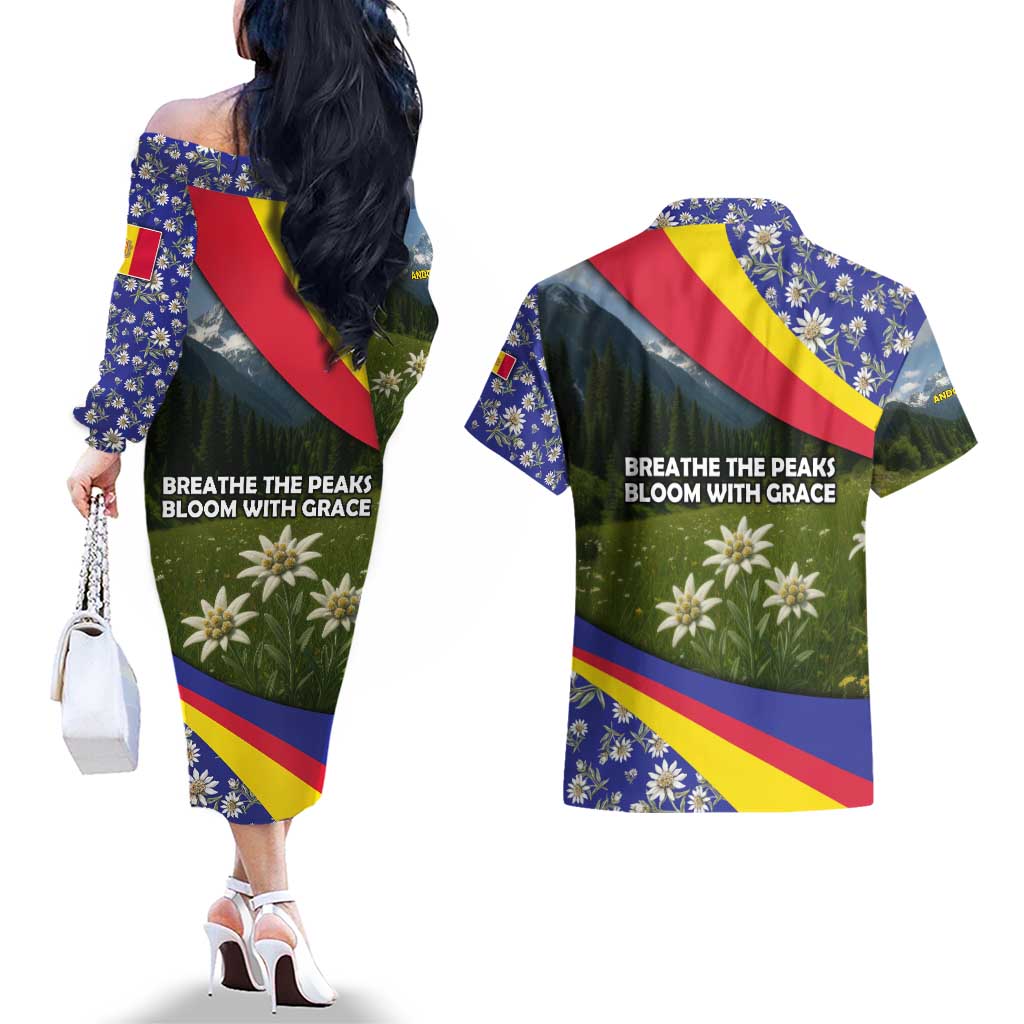 Andorra Couples Matching Off The Shoulder Long Sleeve Dress and Hawaiian Shirt with Edelweiss Mountain Landscape Design - Wonder Print Shop