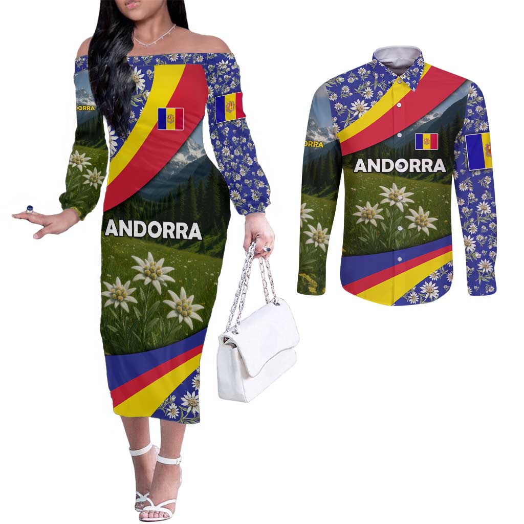 Andorra Couples Matching Off The Shoulder Long Sleeve Dress and Long Sleeve Button Shirt with Edelweiss Mountain Landscape Design - Wonder Print Shop