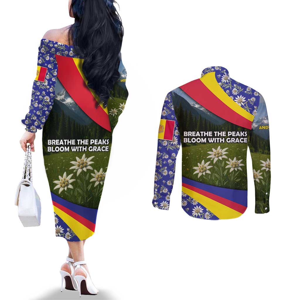 Andorra Couples Matching Off The Shoulder Long Sleeve Dress and Long Sleeve Button Shirt with Edelweiss Mountain Landscape Design - Wonder Print Shop