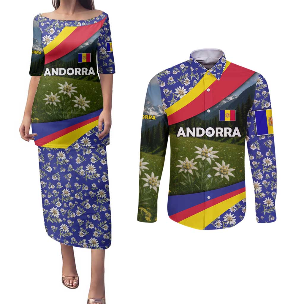Andorra Couples Matching Puletasi and Long Sleeve Button Shirt with Edelweiss Mountain Landscape Design - Wonder Print Shop