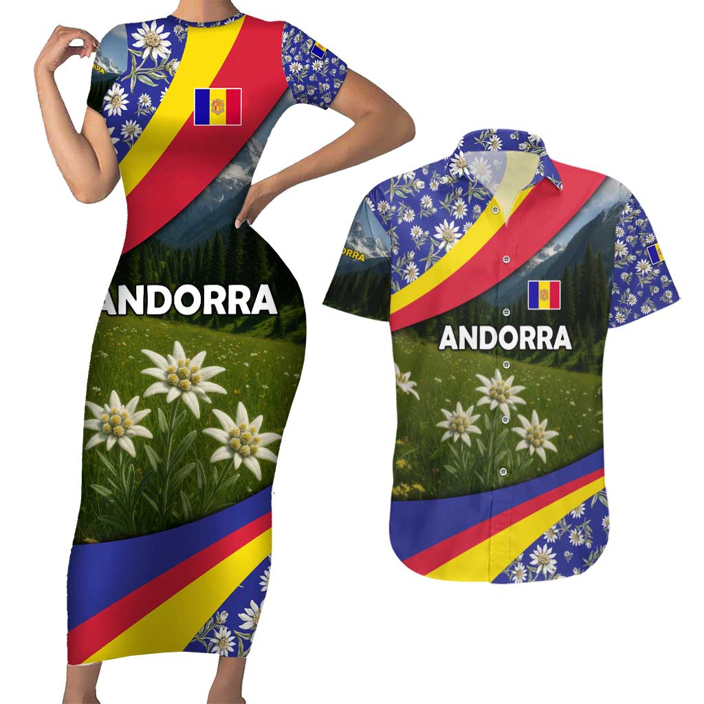 Andorra Couples Matching Short Sleeve Bodycon Dress and Hawaiian Shirt with Edelweiss Mountain Landscape Design - Wonder Print Shop
