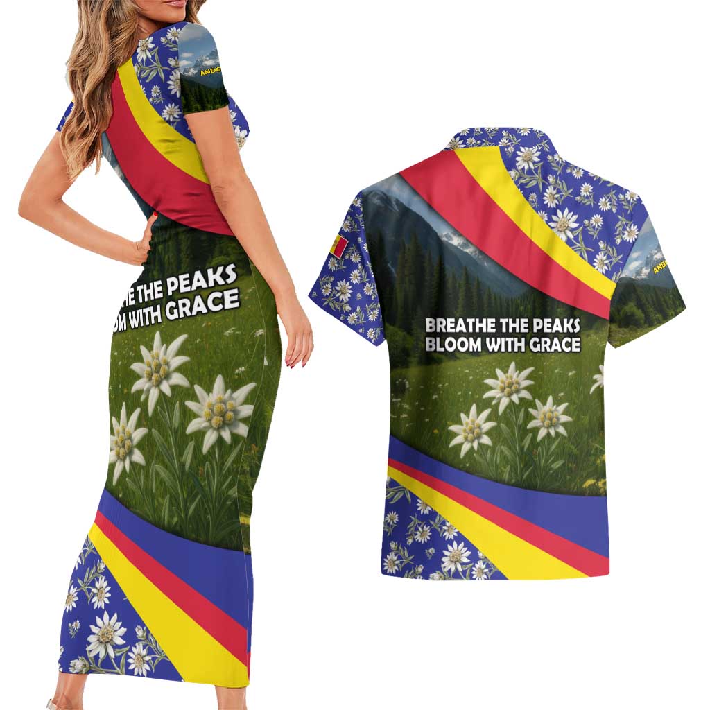 Andorra Couples Matching Short Sleeve Bodycon Dress and Hawaiian Shirt with Edelweiss Mountain Landscape Design - Wonder Print Shop