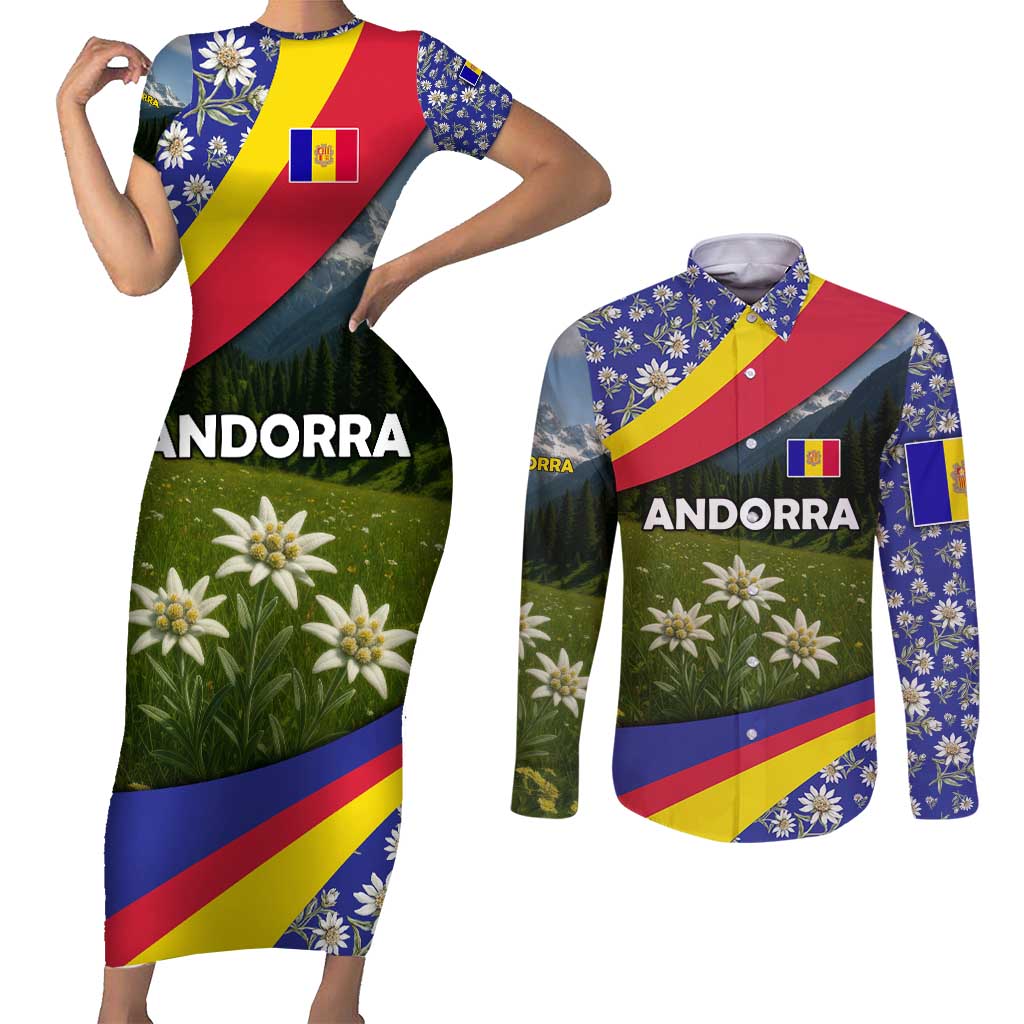 Andorra Couples Matching Short Sleeve Bodycon Dress and Long Sleeve Button Shirt with Edelweiss Mountain Landscape Design - Wonder Print Shop