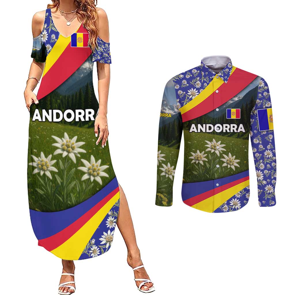 Andorra Couples Matching Summer Maxi Dress and Long Sleeve Button Shirt with Edelweiss Mountain Landscape Design - Wonder Print Shop