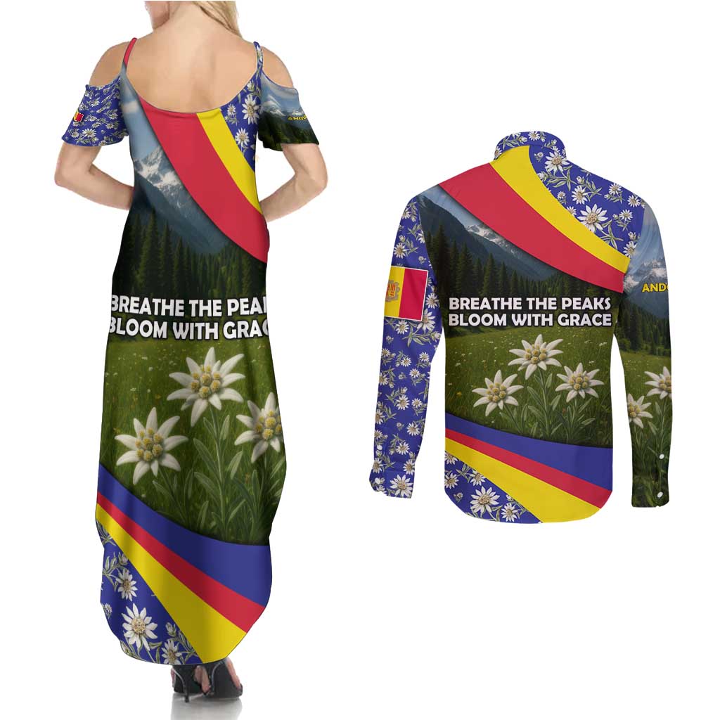 Andorra Couples Matching Summer Maxi Dress and Long Sleeve Button Shirt with Edelweiss Mountain Landscape Design - Wonder Print Shop