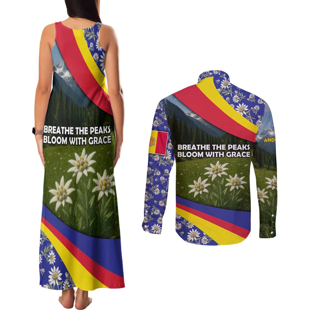 Andorra Couples Matching Tank Maxi Dress and Long Sleeve Button Shirt with Edelweiss Mountain Landscape Design - Wonder Print Shop