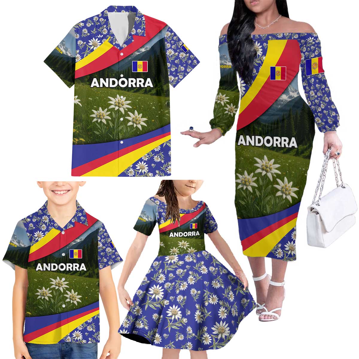 Andorra Family Matching Off The Shoulder Long Sleeve Dress and Hawaiian Shirt with Edelweiss Mountain Landscape Design - Wonder Print Shop