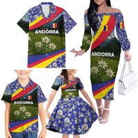 Andorra Family Matching Off The Shoulder Long Sleeve Dress and Hawaiian Shirt with Edelweiss Mountain Landscape Design - Wonder Print Shop