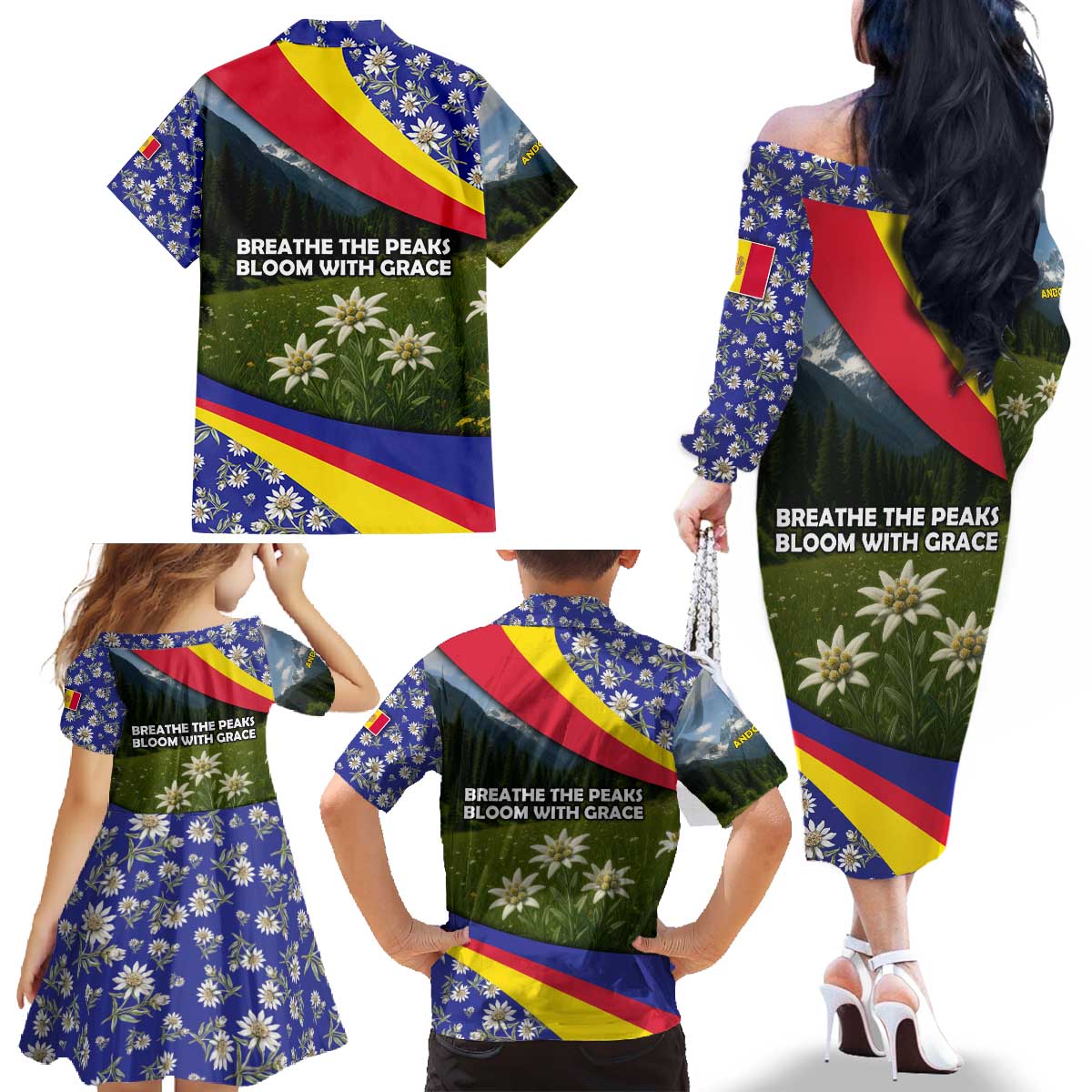 Andorra Family Matching Off The Shoulder Long Sleeve Dress and Hawaiian Shirt with Edelweiss Mountain Landscape Design - Wonder Print Shop