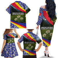 Andorra Family Matching Off The Shoulder Long Sleeve Dress and Hawaiian Shirt with Edelweiss Mountain Landscape Design - Wonder Print Shop