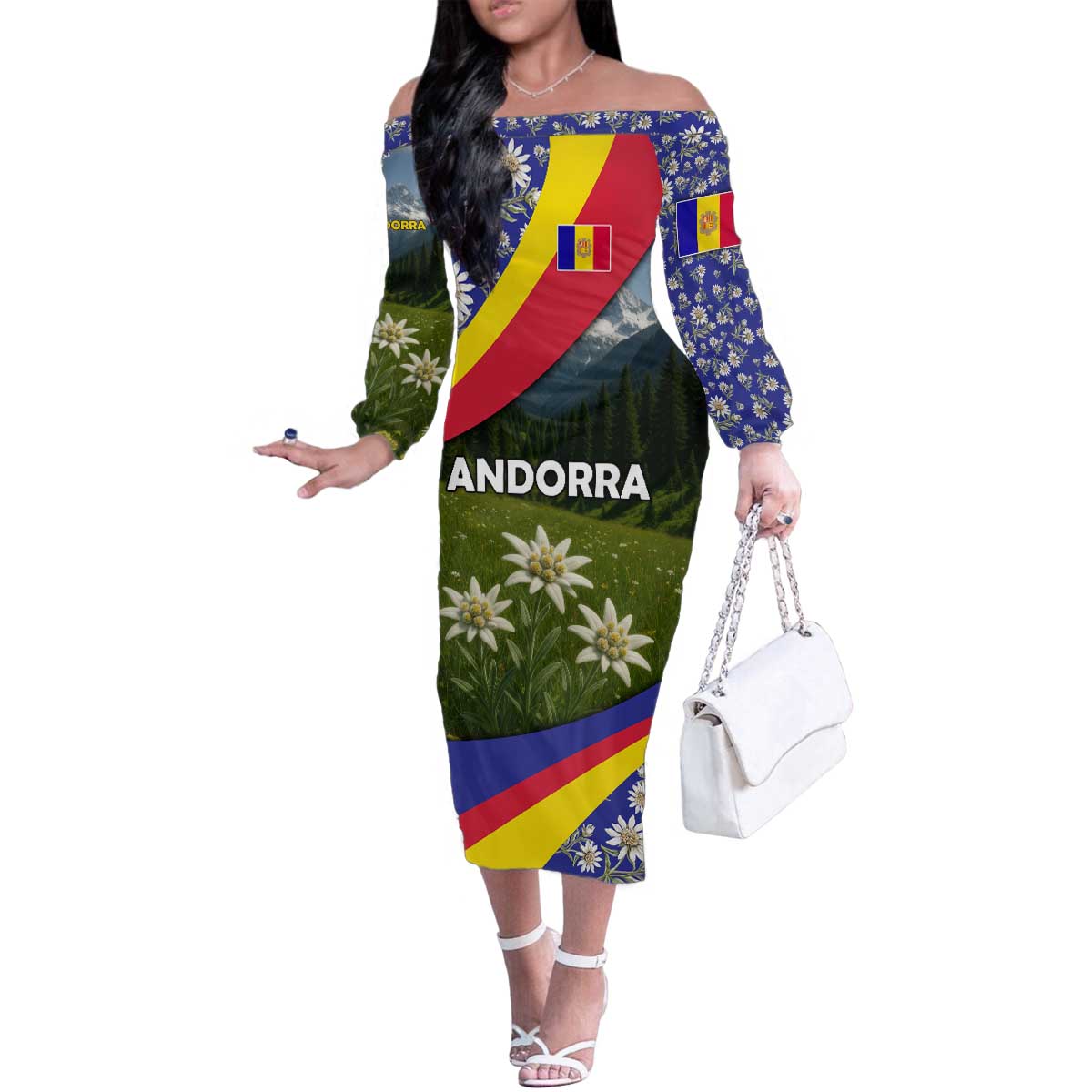 Andorra Family Matching Off The Shoulder Long Sleeve Dress and Hawaiian Shirt with Edelweiss Mountain Landscape Design - Wonder Print Shop
