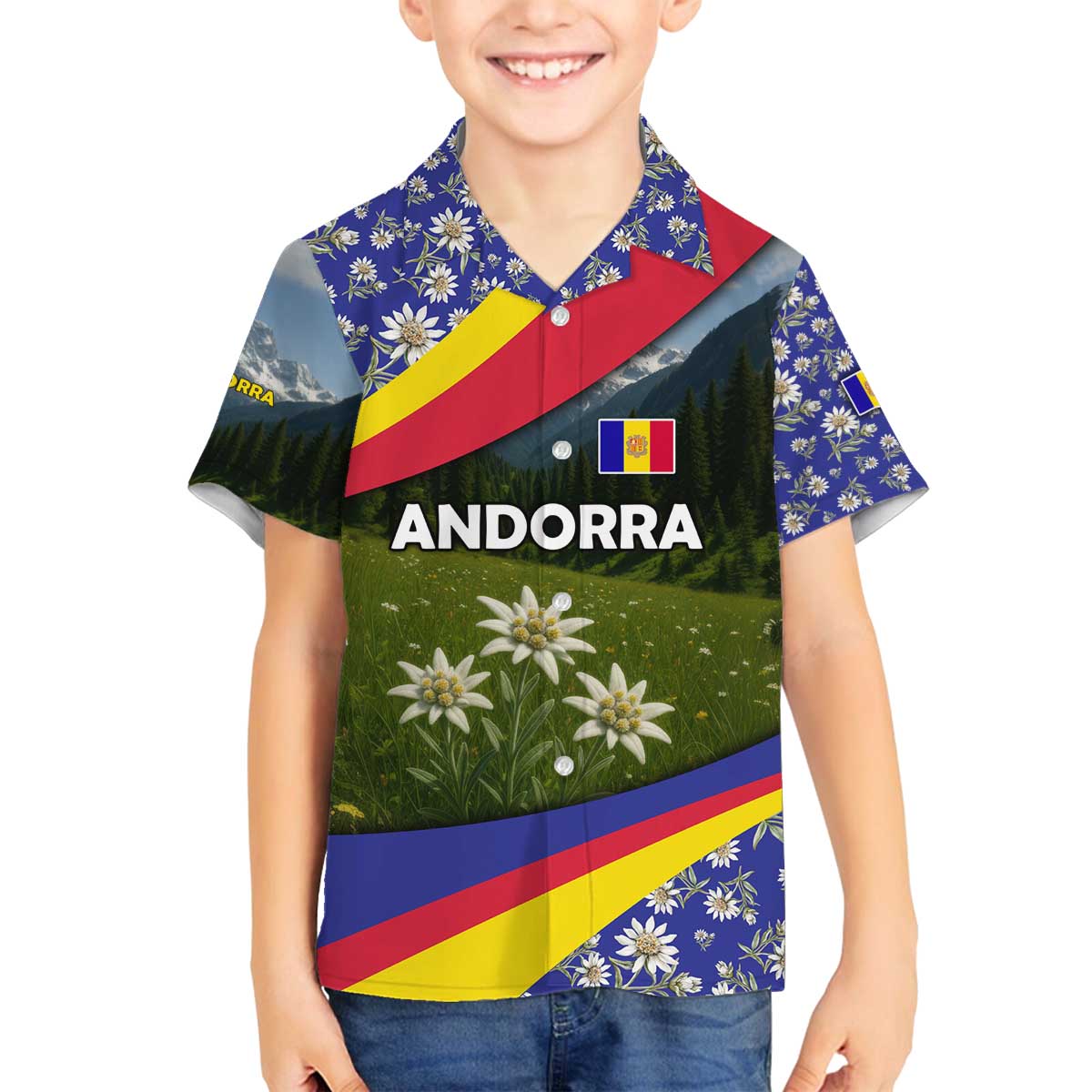 Andorra Family Matching Off The Shoulder Long Sleeve Dress and Hawaiian Shirt with Edelweiss Mountain Landscape Design - Wonder Print Shop
