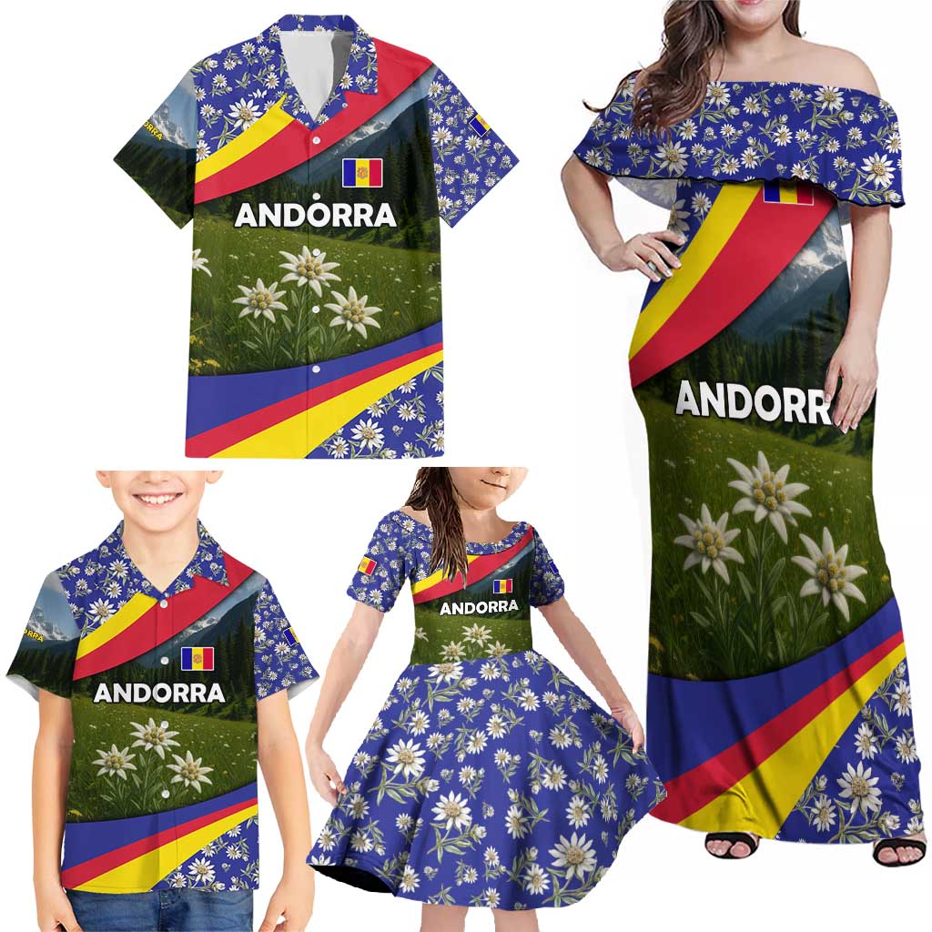Andorra Family Matching Off Shoulder Maxi Dress and Hawaiian Shirt with Edelweiss Mountain Landscape Design - Wonder Print Shop