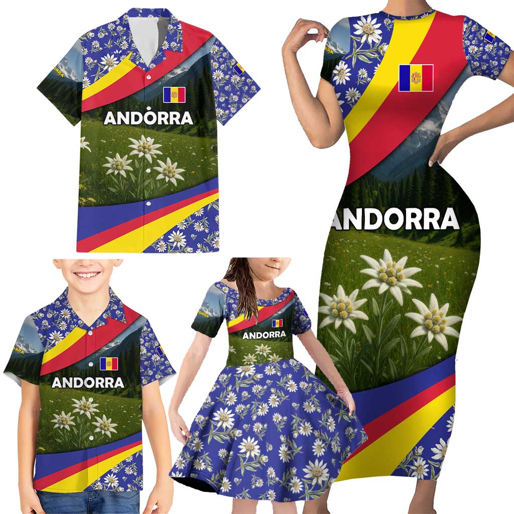 Andorra Family Matching Short Sleeve Bodycon Dress and Hawaiian Shirt with Edelweiss Mountain Landscape Design - Wonder Print Shop