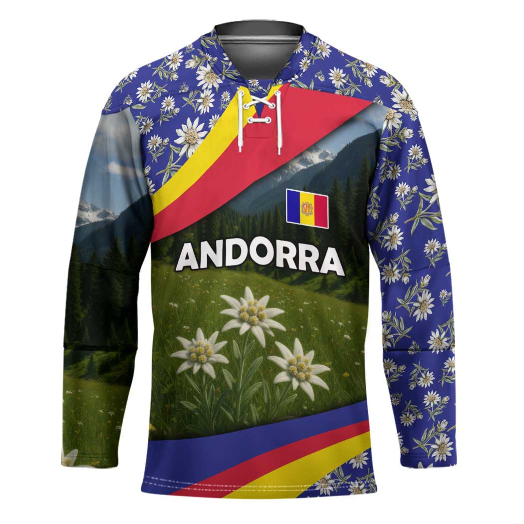 Andorra Hockey Jersey with Edelweiss Mountain Landscape Design - Wonder Print Shop