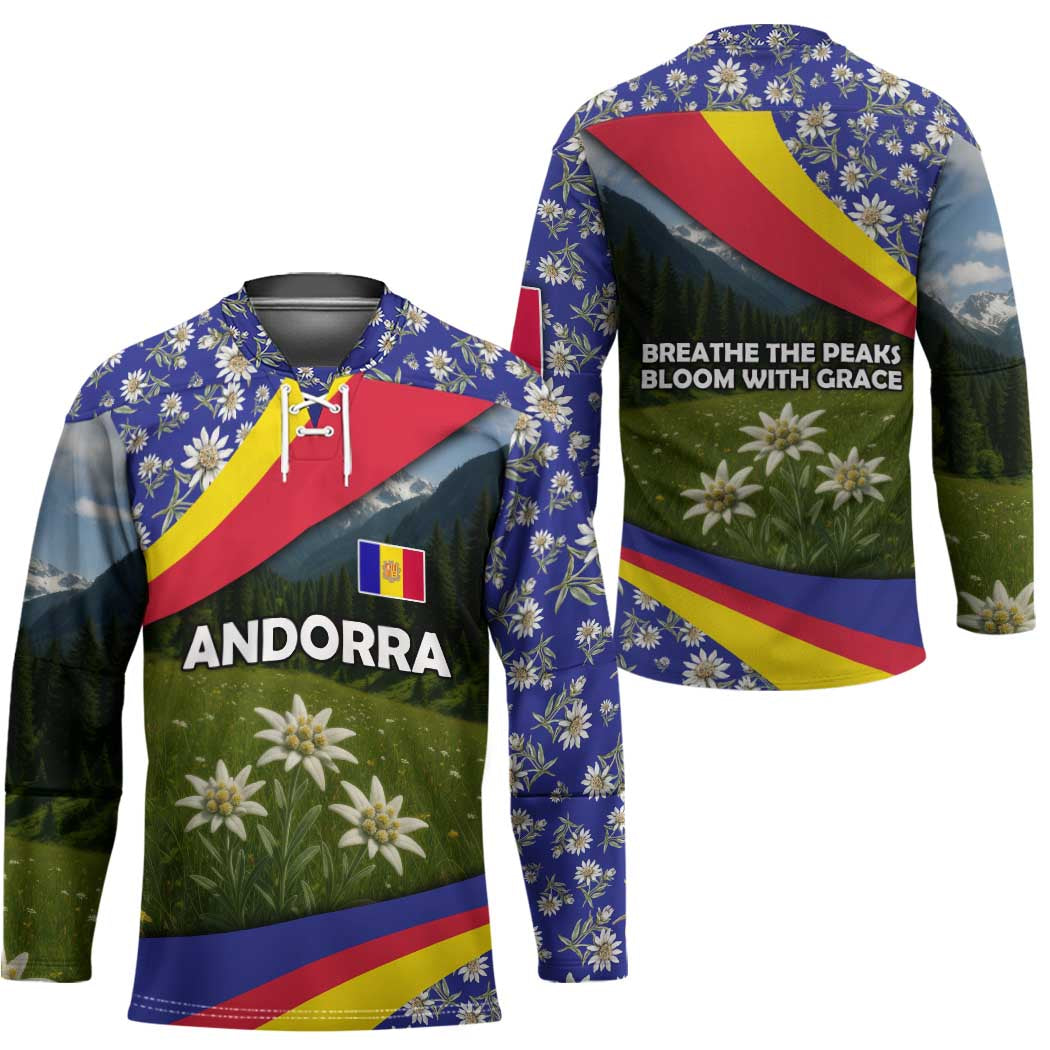 Andorra Hockey Jersey with Edelweiss Mountain Landscape Design - Wonder Print Shop