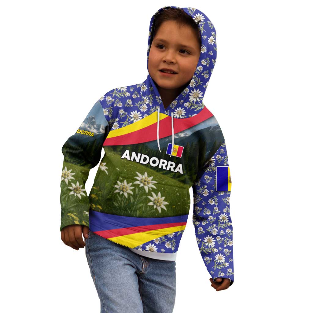 Andorra Kid Hoodie with Edelweiss Mountain Landscape Design - Wonder Print Shop