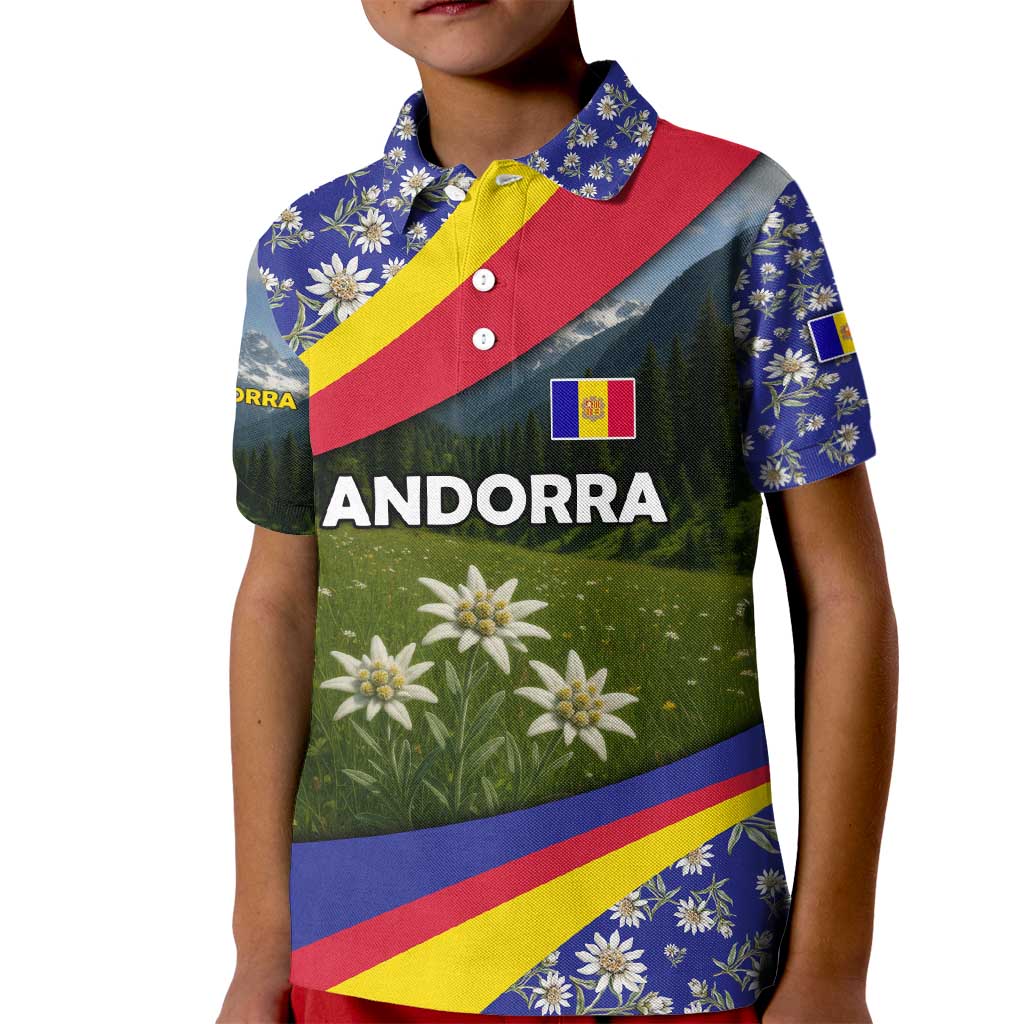 Andorra Kid Polo Shirt with Edelweiss Mountain Landscape Design - Wonder Print Shop