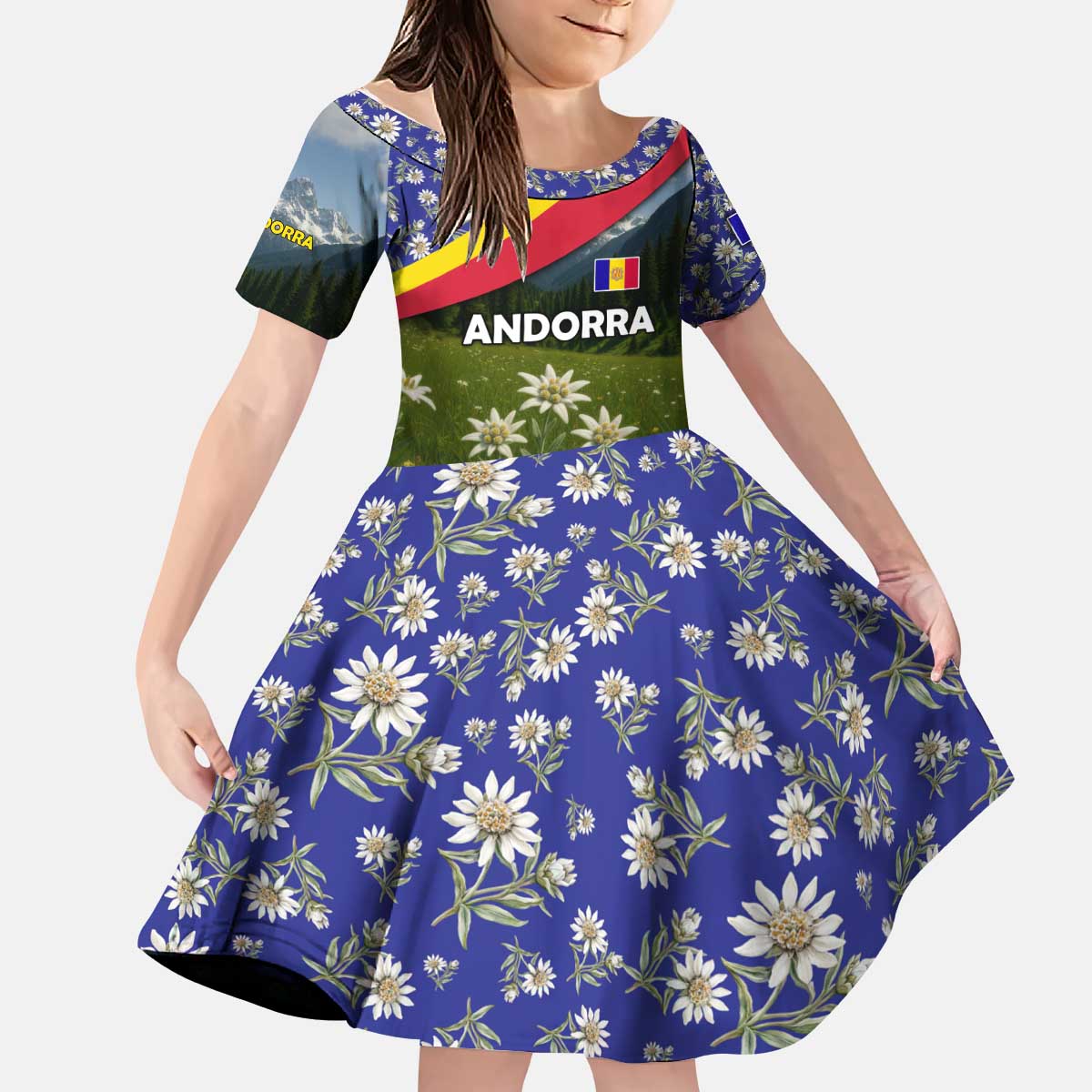 Andorra Kid Short Sleeve Dress with Edelweiss Mountain Landscape Design - Wonder Print Shop