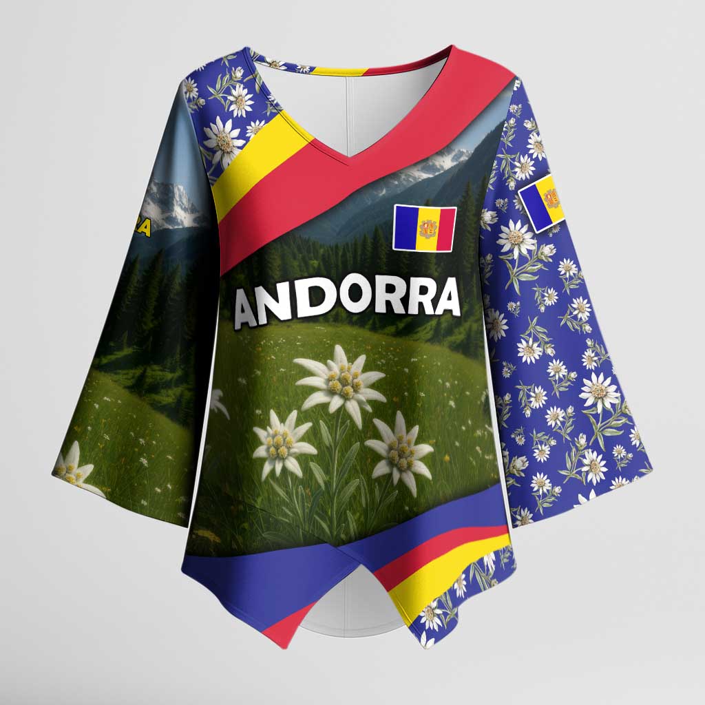 Andorra Kimono Sleeve Blouse with Edelweiss Mountain Landscape Design - Wonder Print Shop