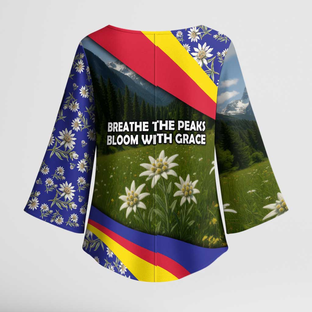 Andorra Kimono Sleeve Blouse with Edelweiss Mountain Landscape Design - Wonder Print Shop