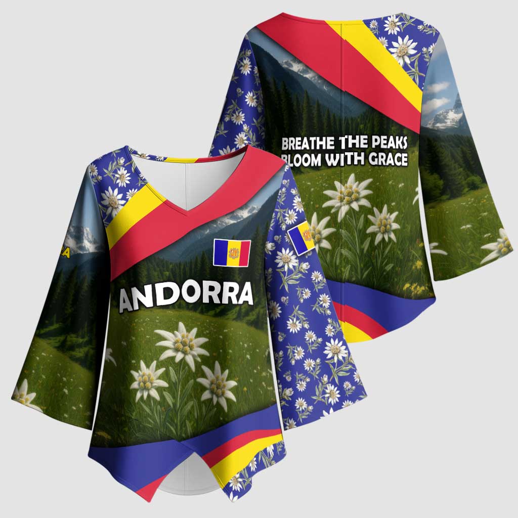 Andorra Kimono Sleeve Blouse with Edelweiss Mountain Landscape Design - Wonder Print Shop