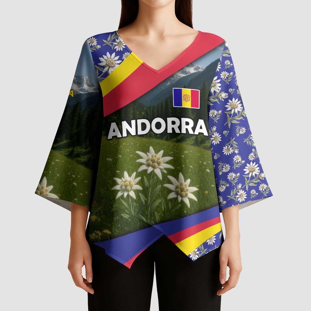 Andorra Kimono Sleeve Blouse with Edelweiss Mountain Landscape Design - Wonder Print Shop