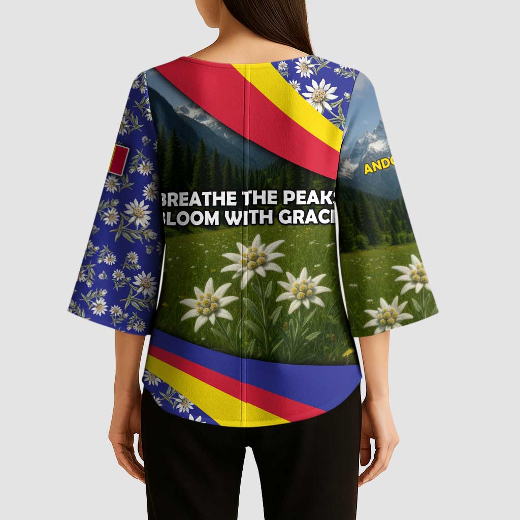Andorra Kimono Sleeve Blouse with Edelweiss Mountain Landscape Design - Wonder Print Shop