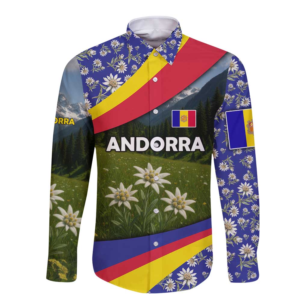 Andorra Long Sleeve Button Shirt with Edelweiss Mountain Landscape Design - Wonder Print Shop