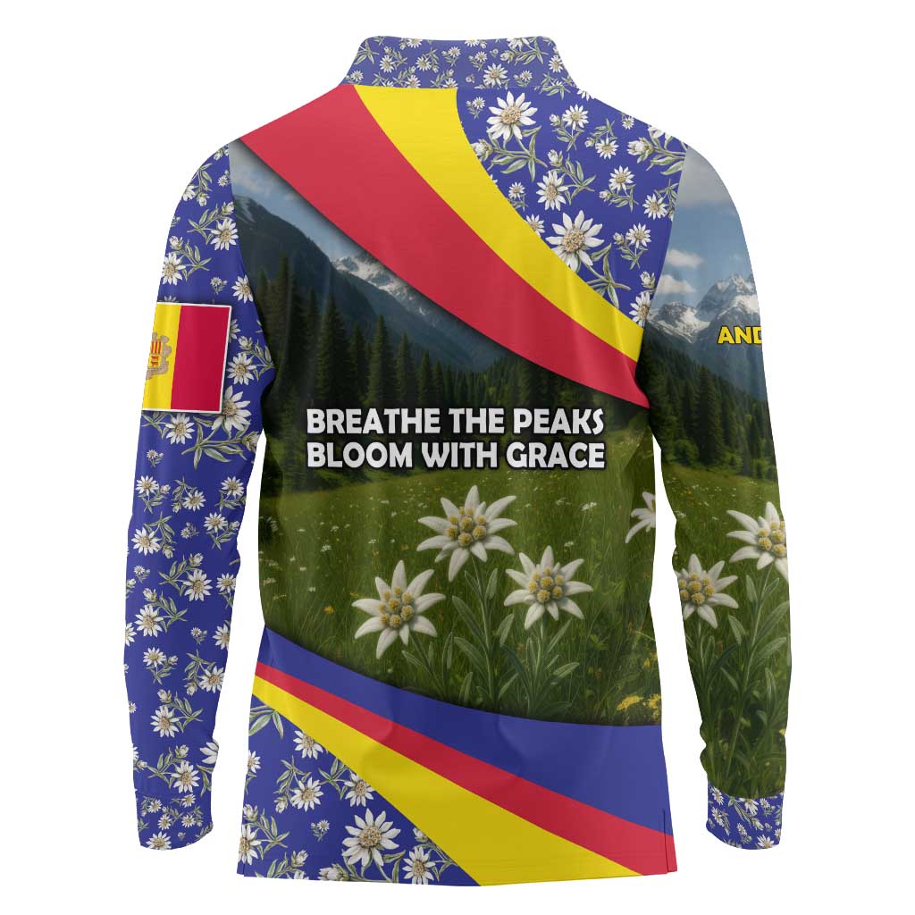 Andorra Long Sleeve Polo Shirt with Edelweiss Mountain Landscape Design - Wonder Print Shop
