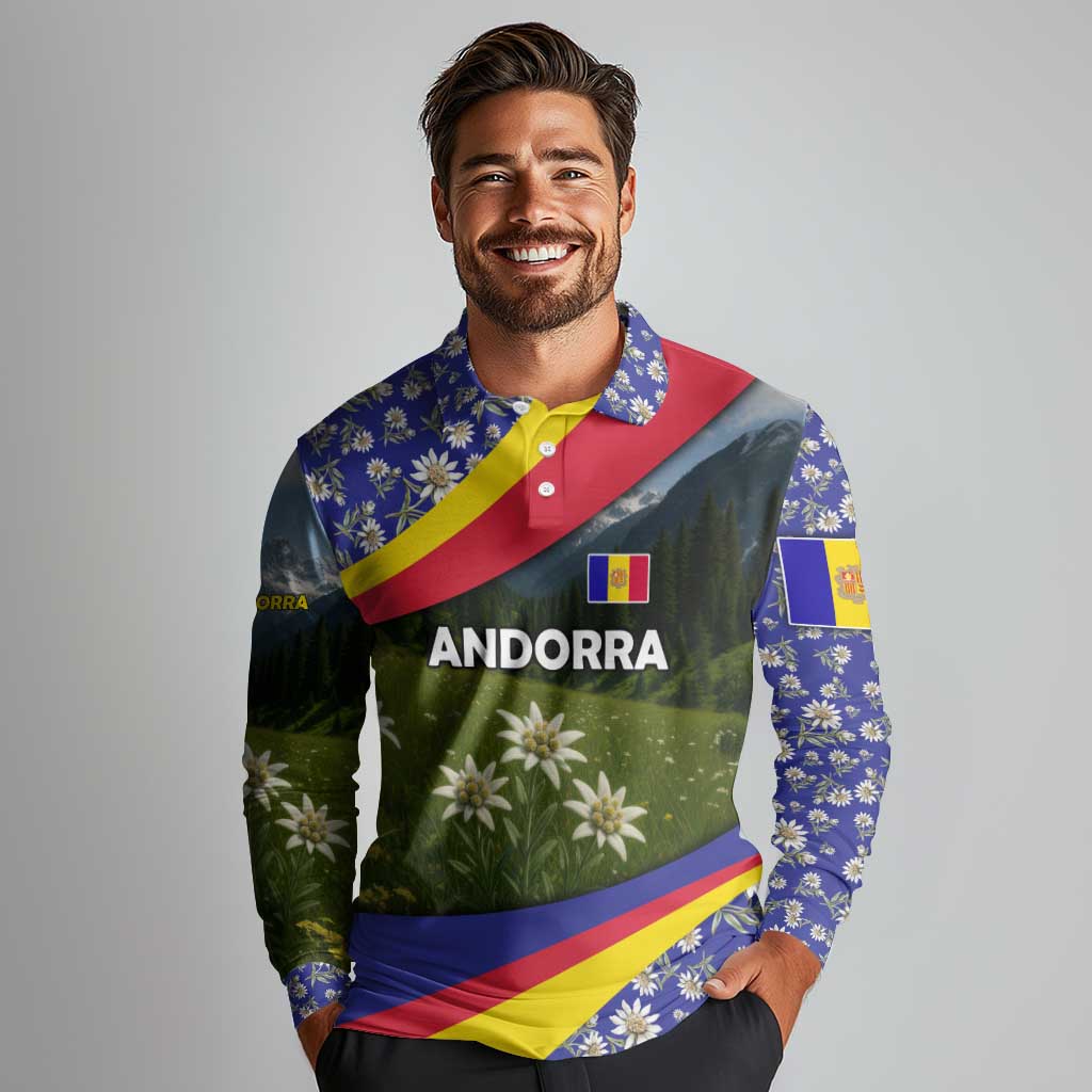 Andorra Long Sleeve Polo Shirt with Edelweiss Mountain Landscape Design - Wonder Print Shop