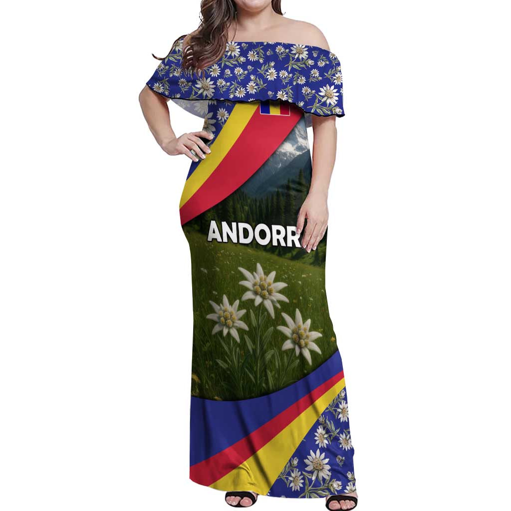 Andorra Off Shoulder Maxi Dress with Edelweiss Mountain Landscape Design - Wonder Print Shop