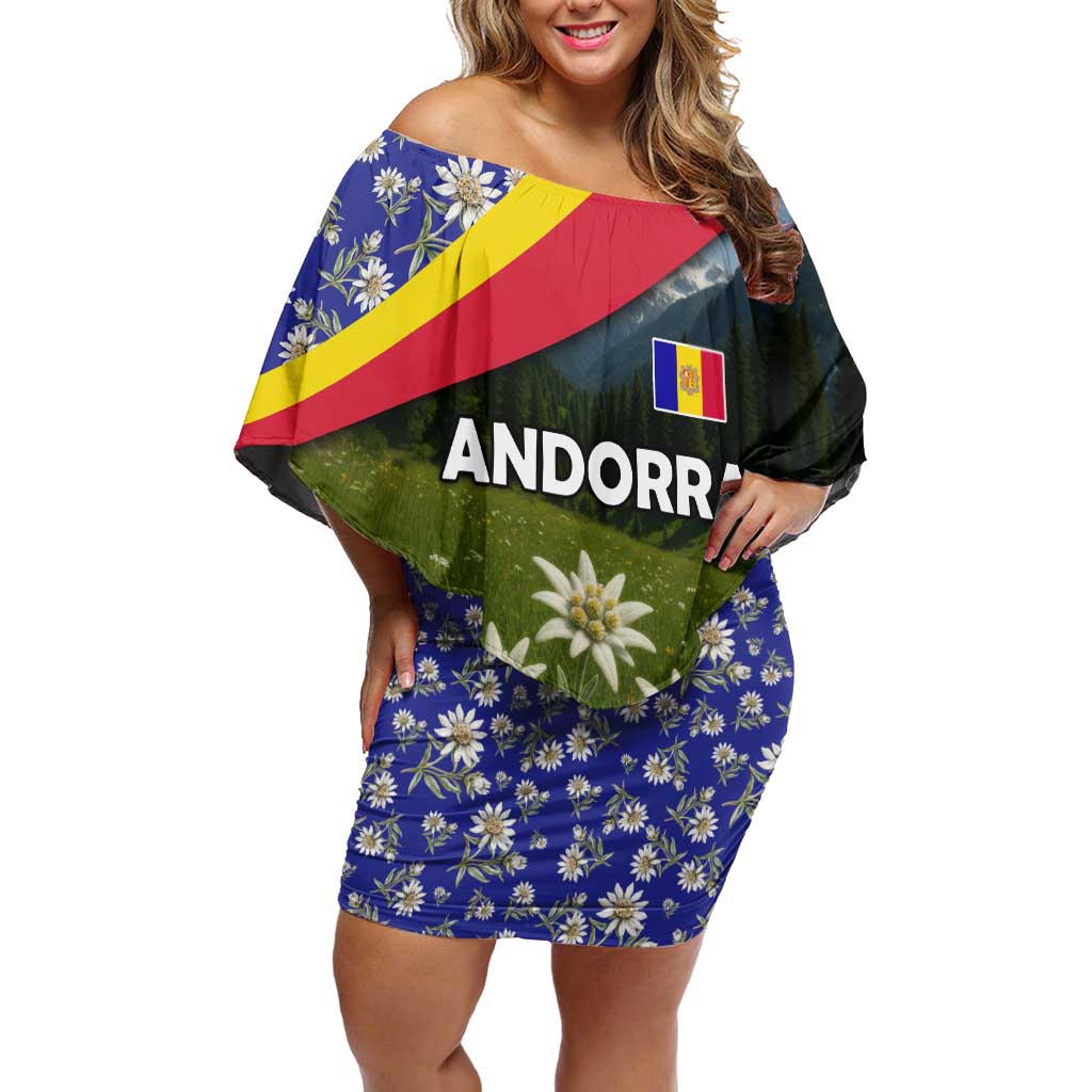 Andorra Off Shoulder Short Dress with Edelweiss Mountain Landscape Design - Wonder Print Shop