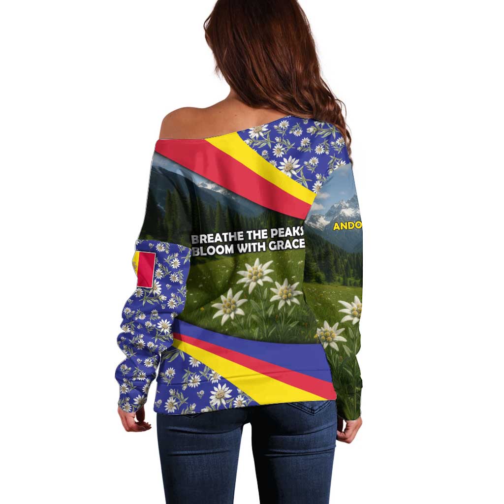 Andorra Off Shoulder Sweater with Edelweiss Mountain Landscape Design - Wonder Print Shop