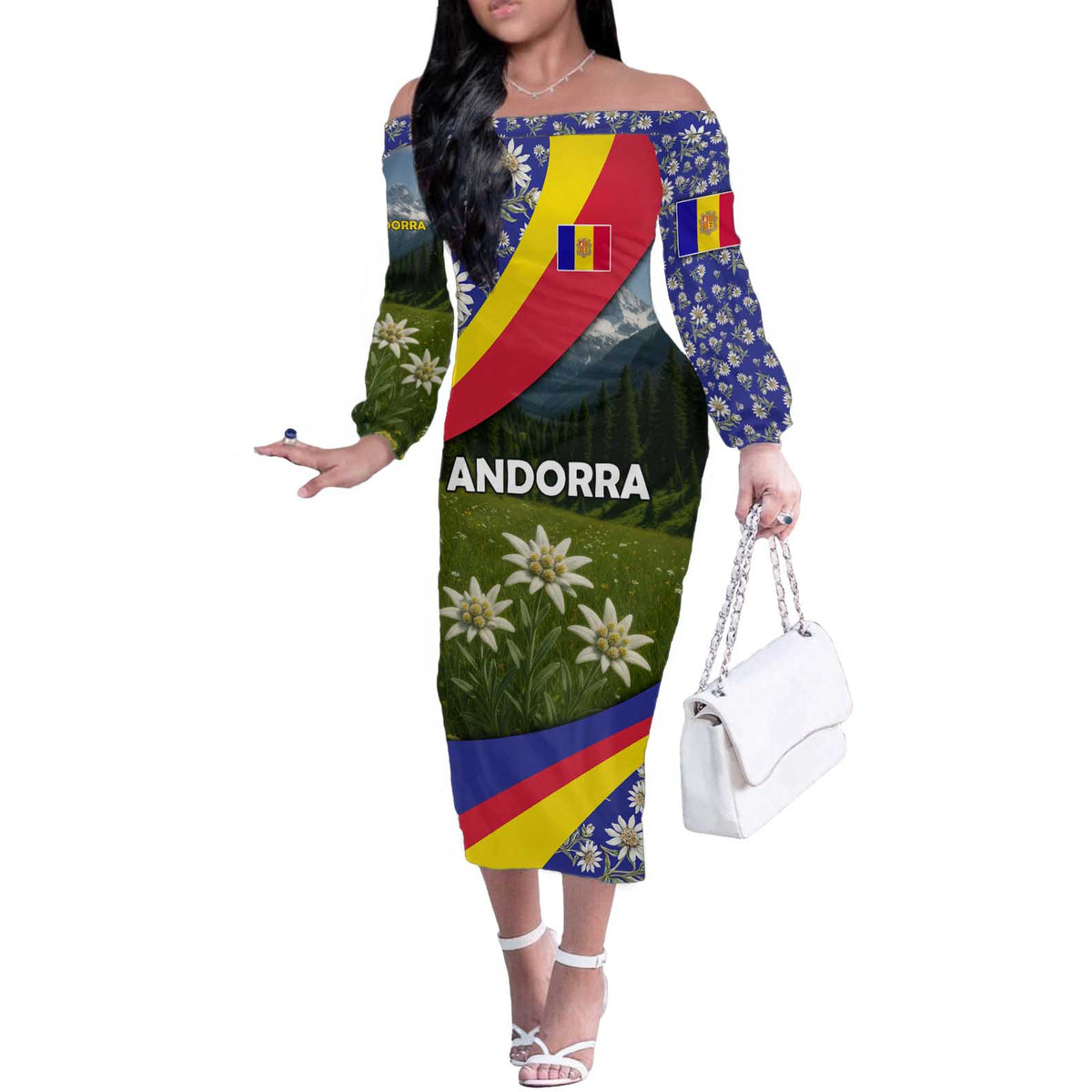 Andorra Off The Shoulder Long Sleeve Dress with Edelweiss Mountain Landscape Design - Wonder Print Shop