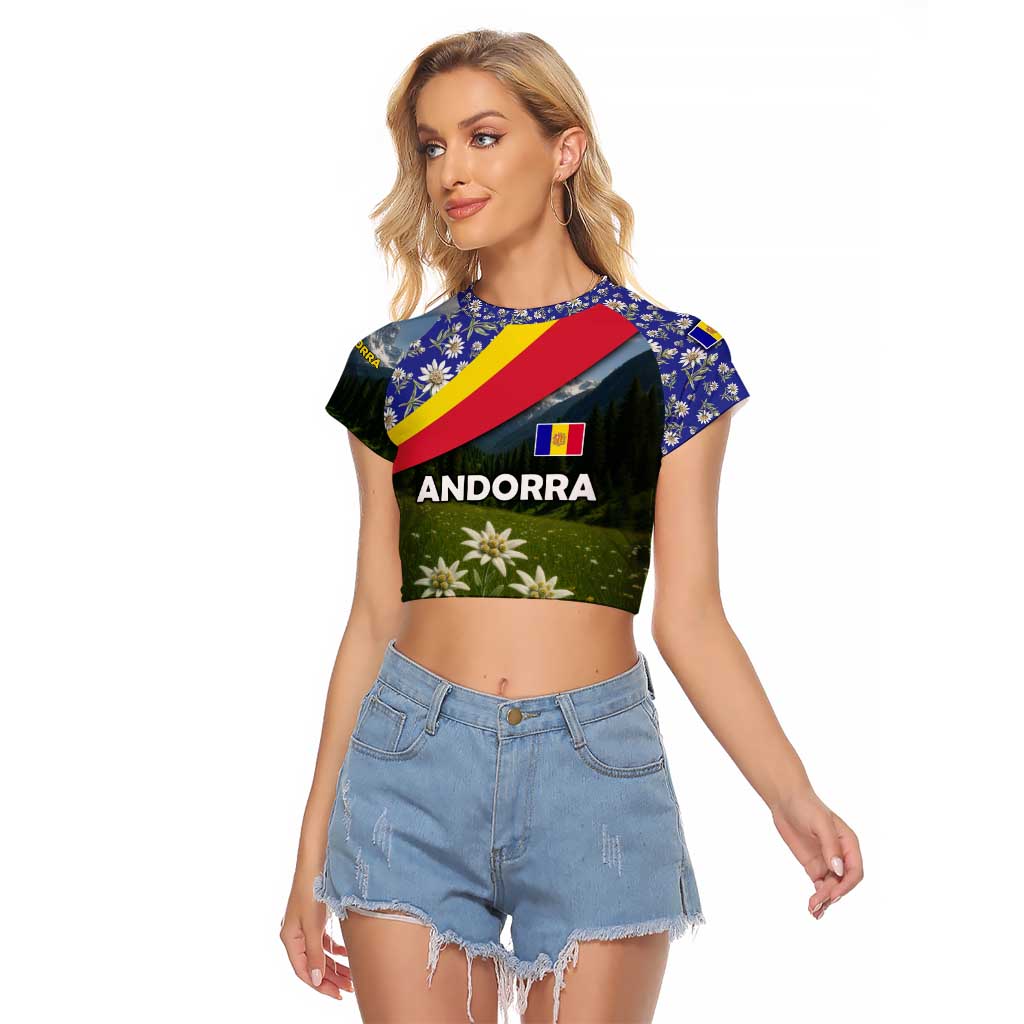 Andorra Raglan Cropped T Shirt with Edelweiss Mountain Landscape Design - Wonder Print Shop