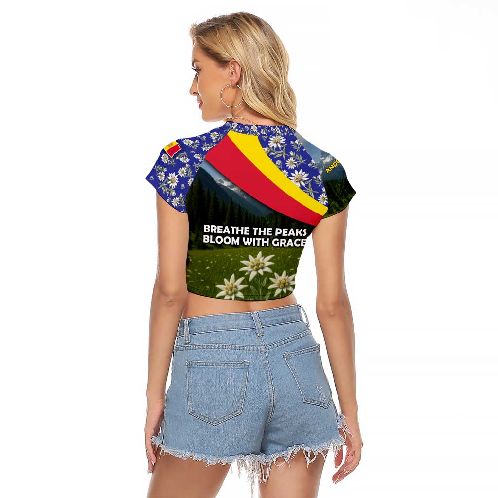 Andorra Raglan Cropped T Shirt with Edelweiss Mountain Landscape Design - Wonder Print Shop