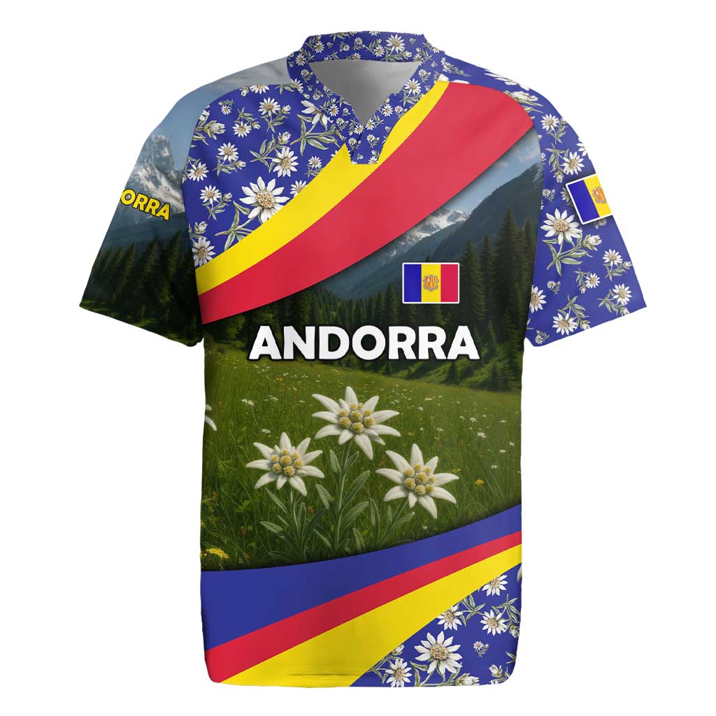 Andorra Rugby Jersey with Edelweiss Mountain Landscape Design - Wonder Print Shop