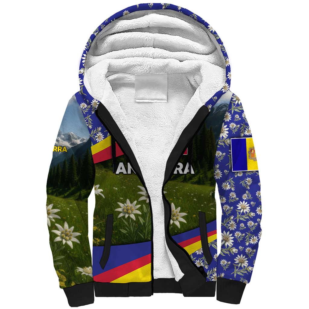 Andorra Sherpa Hoodie with Edelweiss Mountain Landscape Design - Wonder Print Shop