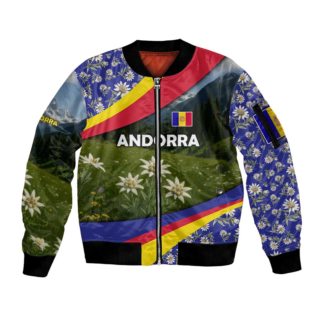 Andorra Sleeve Zip Bomber Jacket with Edelweiss Mountain Landscape Design - Wonder Print Shop