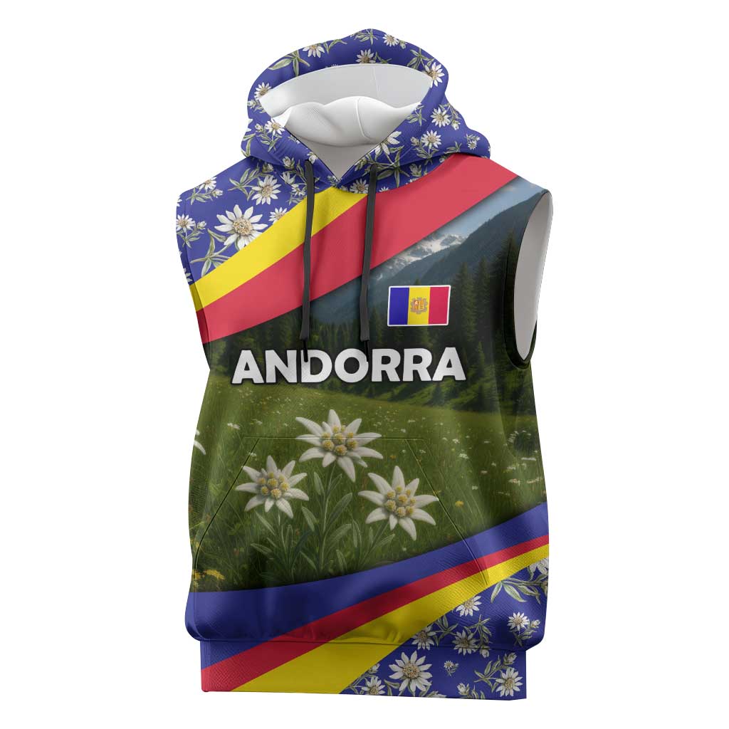 Andorra Sleeveless Hoodie with Edelweiss Mountain Landscape Design - Wonder Print Shop