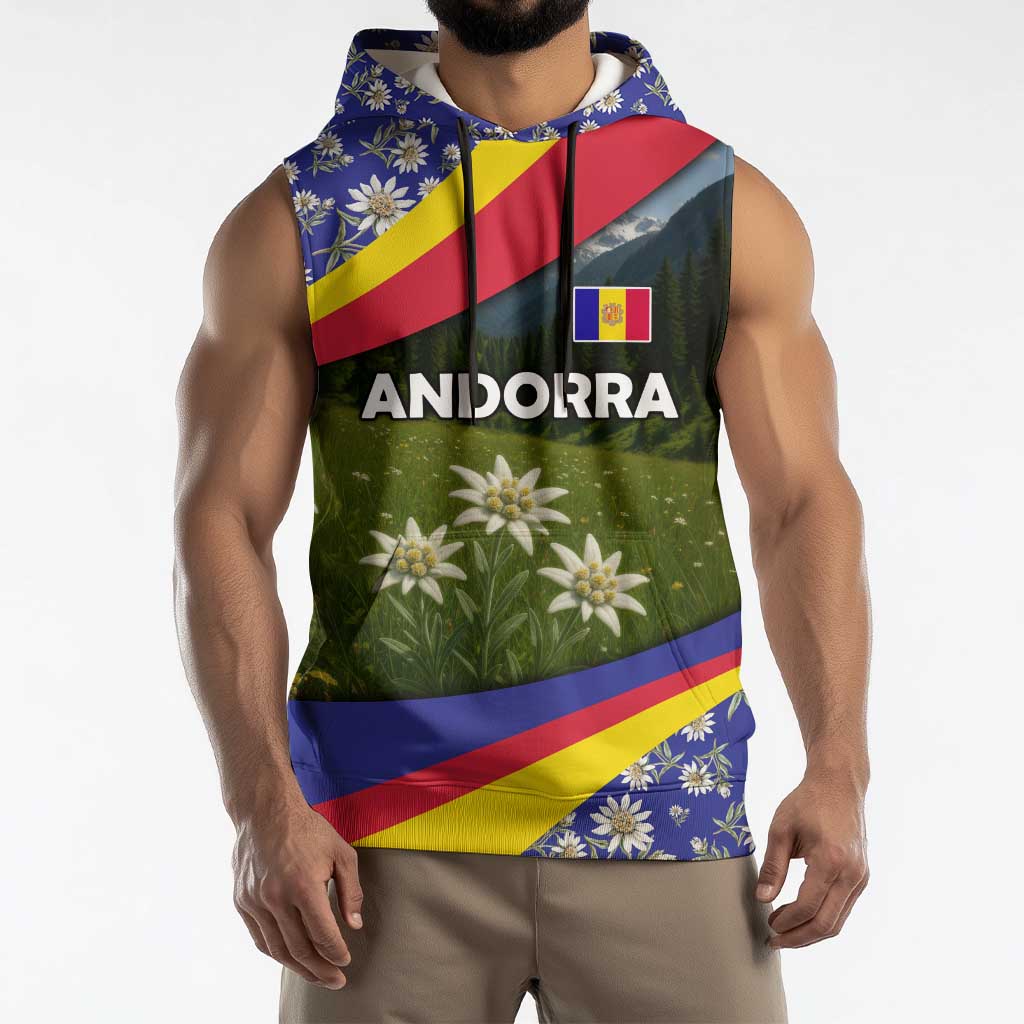 Andorra Sleeveless Hoodie with Edelweiss Mountain Landscape Design - Wonder Print Shop