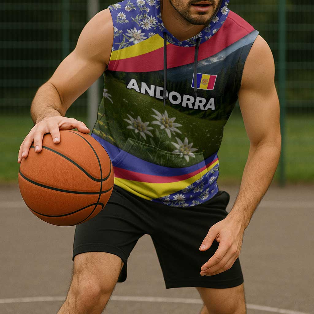 Andorra Sleeveless Hoodie with Edelweiss Mountain Landscape Design - Wonder Print Shop