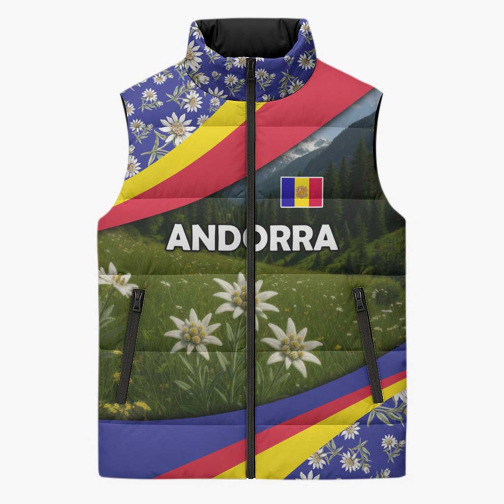 Andorra Sleeveless Puffer Jacket with Edelweiss Mountain Landscape Design - Wonder Print Shop