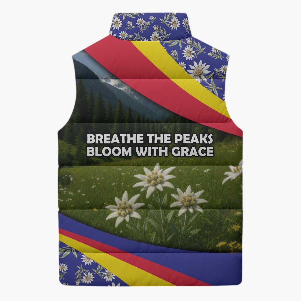 Andorra Sleeveless Puffer Jacket with Edelweiss Mountain Landscape Design - Wonder Print Shop