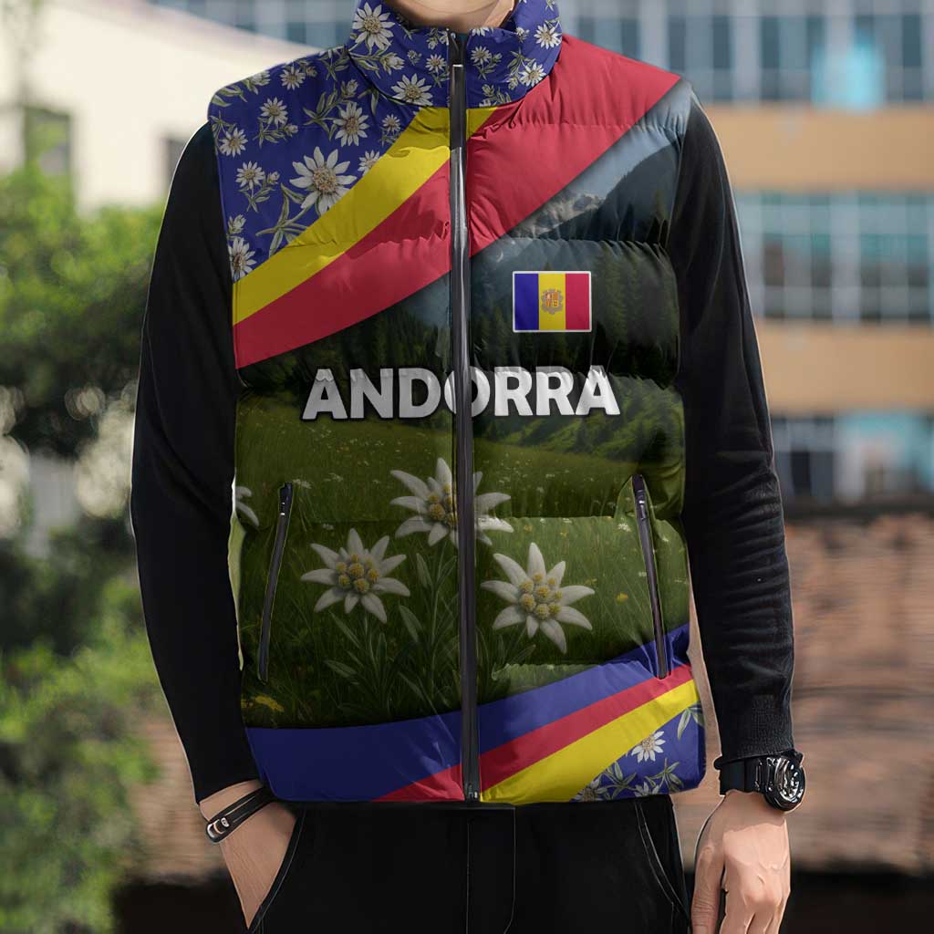 Andorra Sleeveless Puffer Jacket with Edelweiss Mountain Landscape Design - Wonder Print Shop