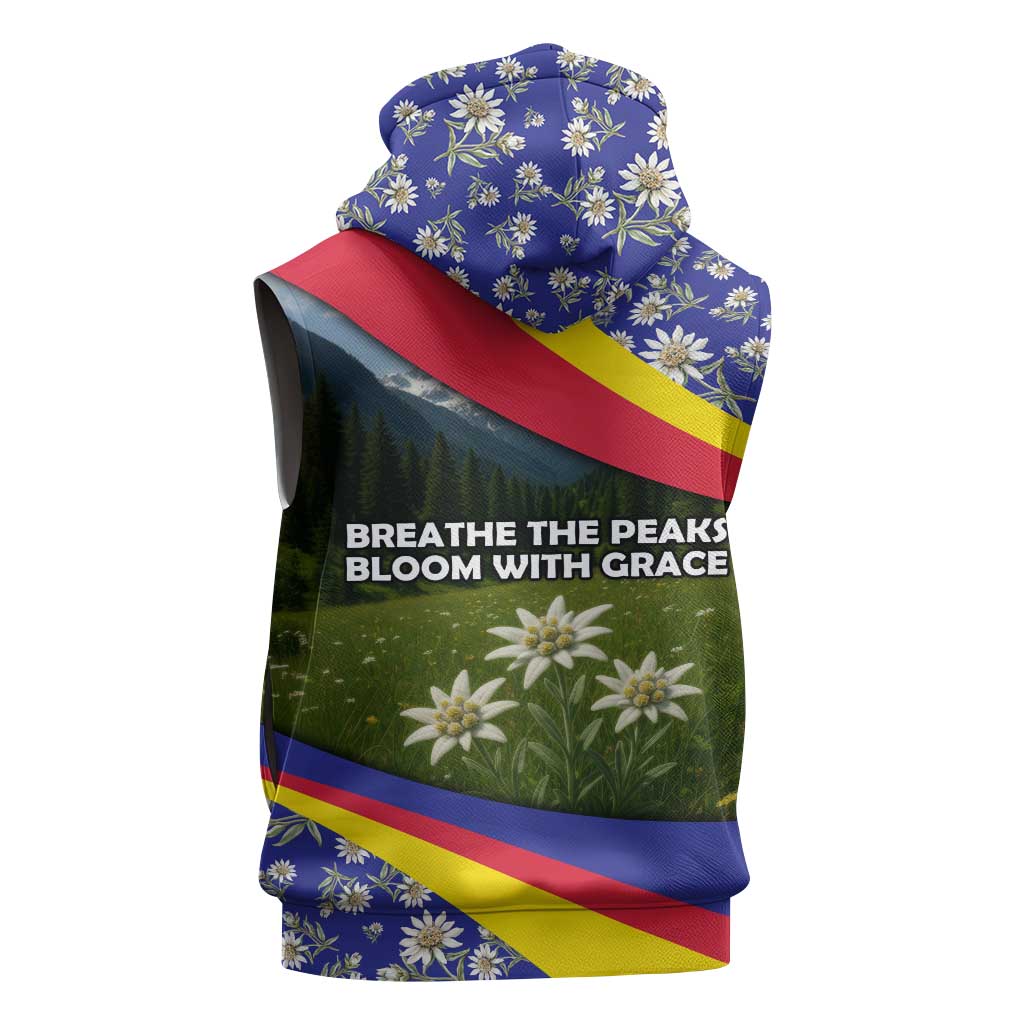Andorra Sleeveless Zip Hoodie with Edelweiss Mountain Landscape Design - Wonder Print Shop
