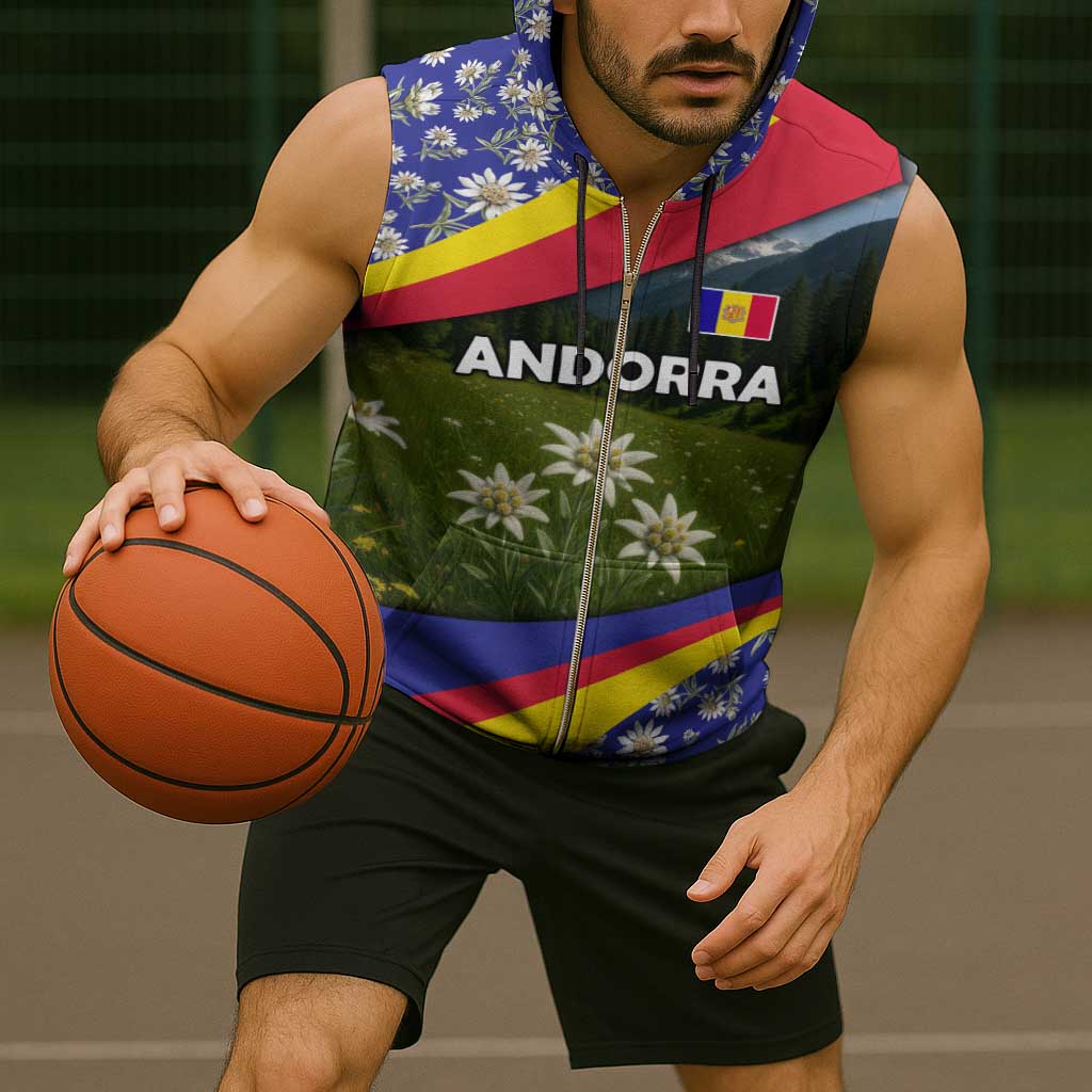 Andorra Sleeveless Zip Hoodie with Edelweiss Mountain Landscape Design - Wonder Print Shop
