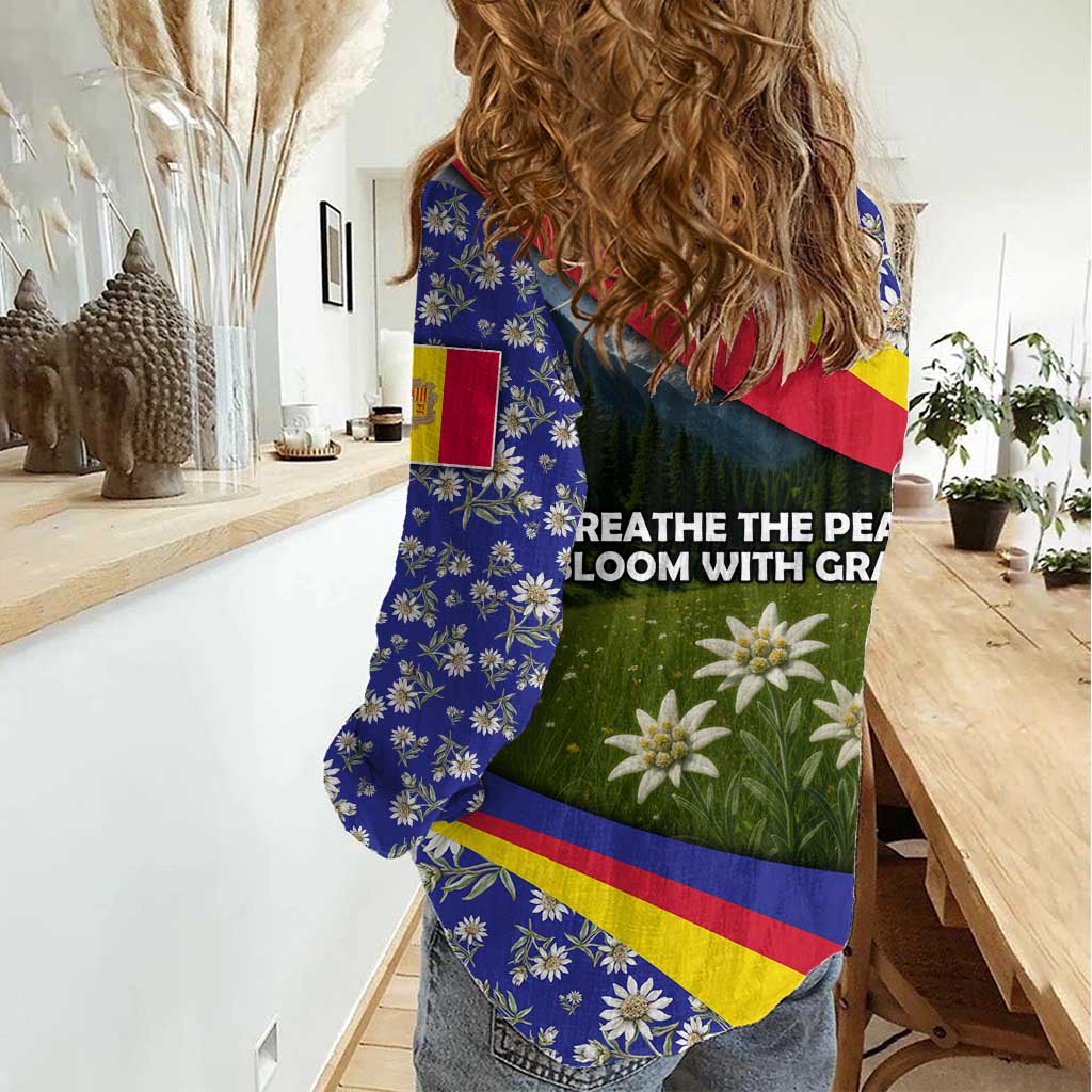 Andorra Women Casual Shirt with Edelweiss Mountain Landscape Design - Wonder Print Shop