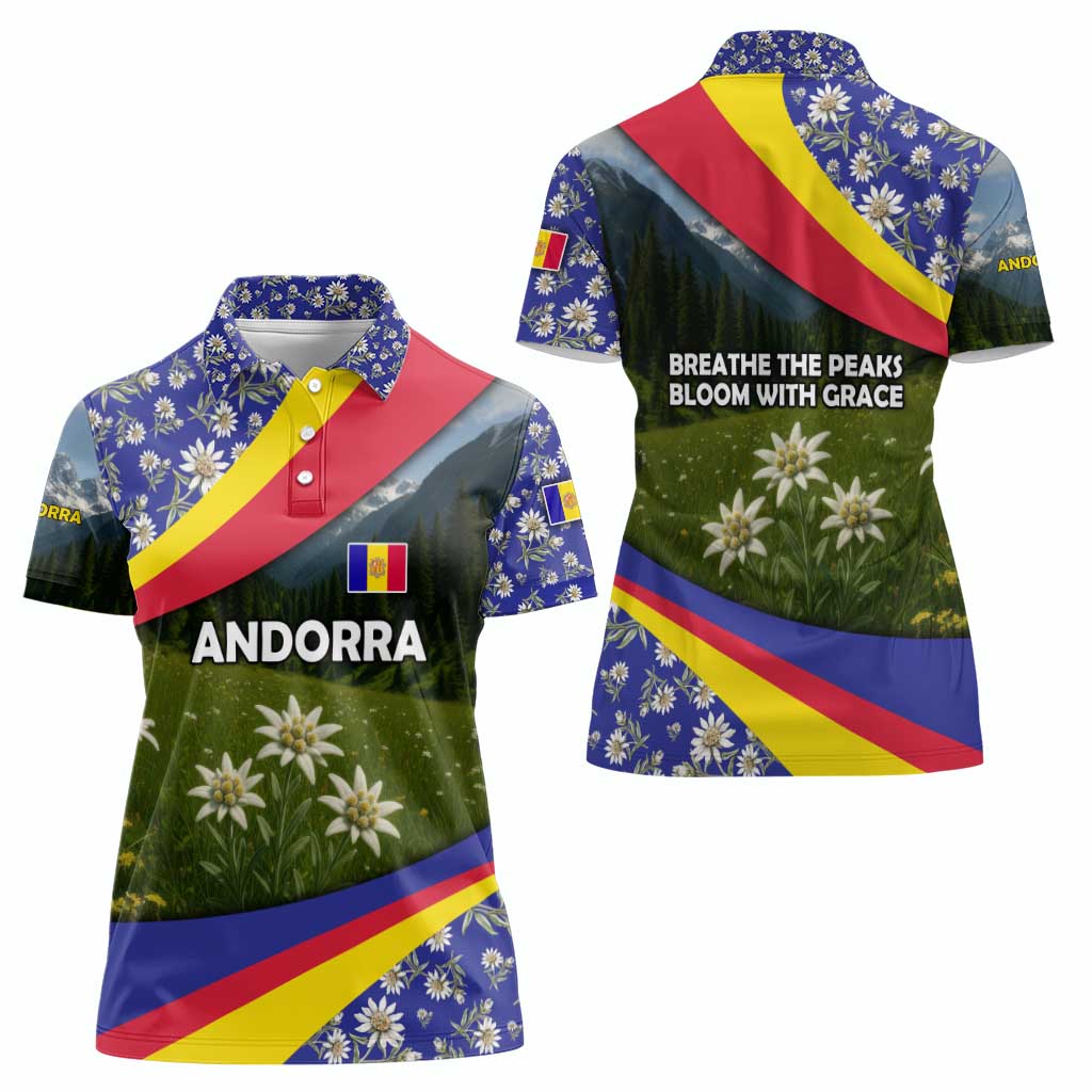 Andorra Women Polo Shirt with Edelweiss Mountain Landscape Design - Wonder Print Shop